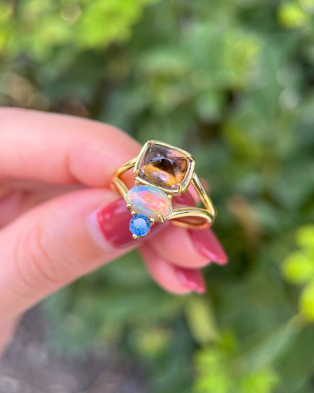 Duality Ring – Tourmaline, Australian Opal, Blue Sapphire - Antonia Y. Jewelry
