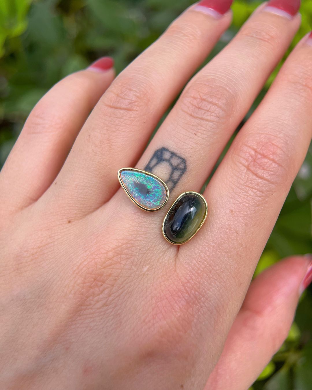 Duality Ring – Green Tourmaline, Australian Opal - Antonia Y. Jewelry