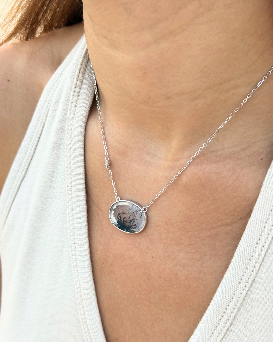 Ceres Dendrite Agate Necklace in Silver - Antonia Y. Jewelry
