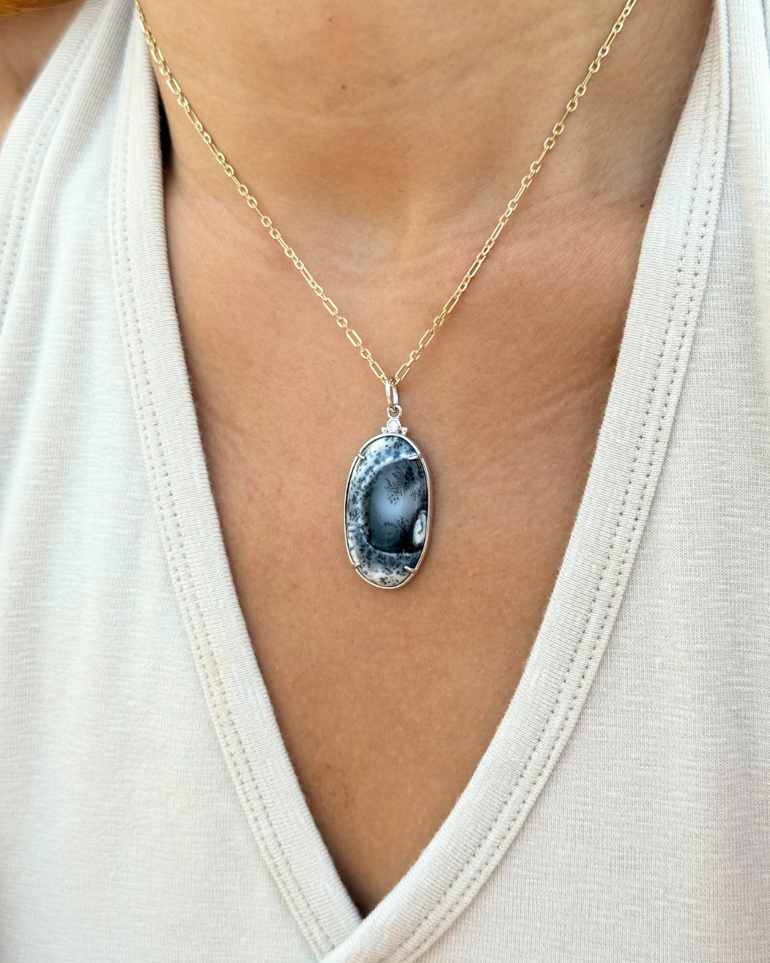 Ceres Dendrite Agate Pendant in Silver - Antonia Y. Jewelry