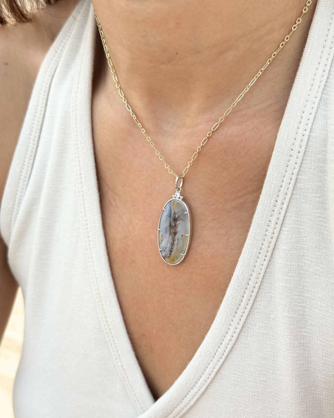 Ceres Dendrite Agate Pendant in Silver - Antonia Y. Jewelry