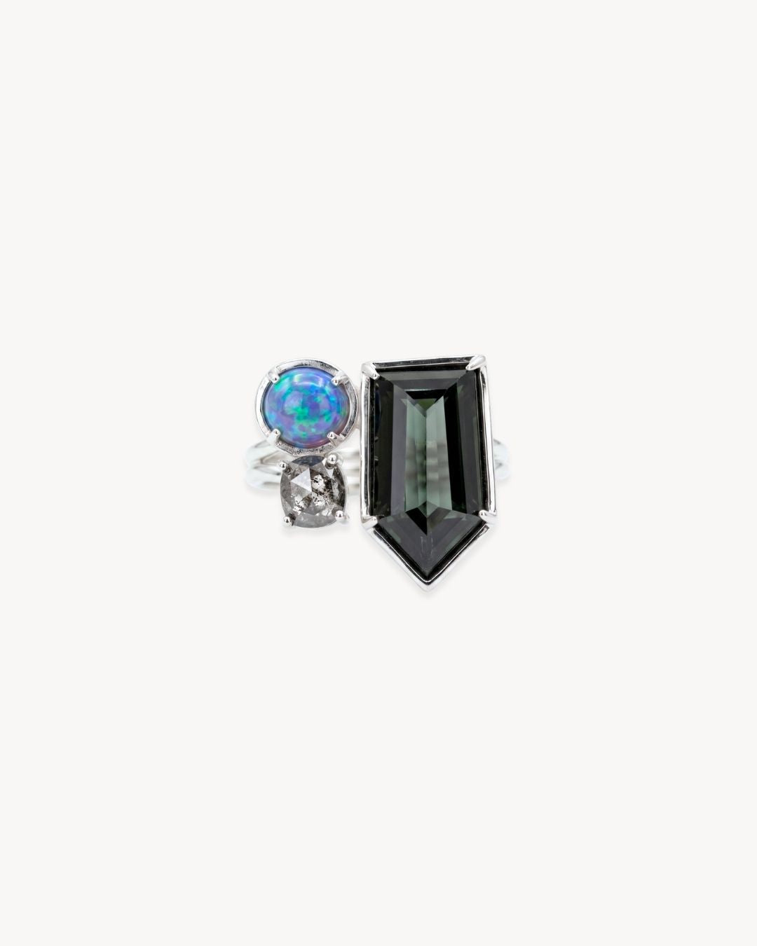 Duality Ring – Tourmaline, Australian Opal, Salt & Pepper Diamond - Antonia Y. Jewelry