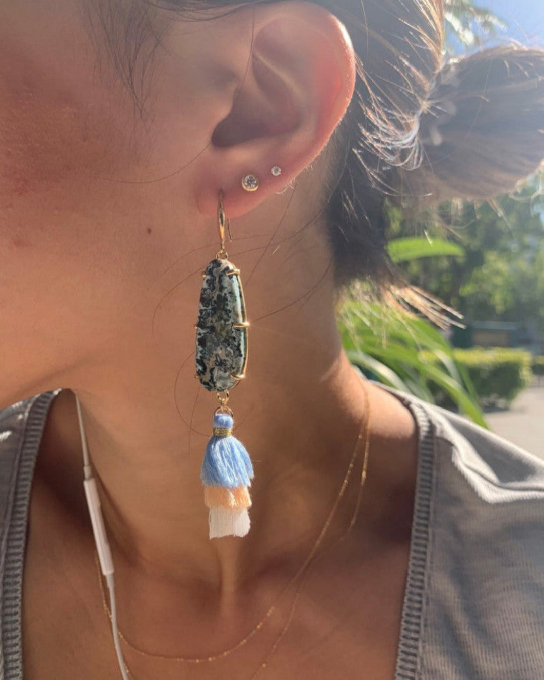 Blue Tide Seam Onyx Tassel Earrings - Antonia Y. Jewelry